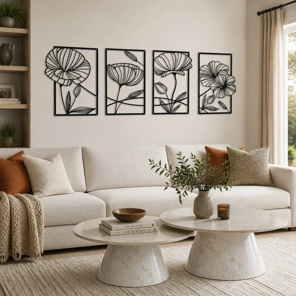 Metal Wall Art 4 Pieces Floral Minimalist Line Decor Home Living Room Bedroom