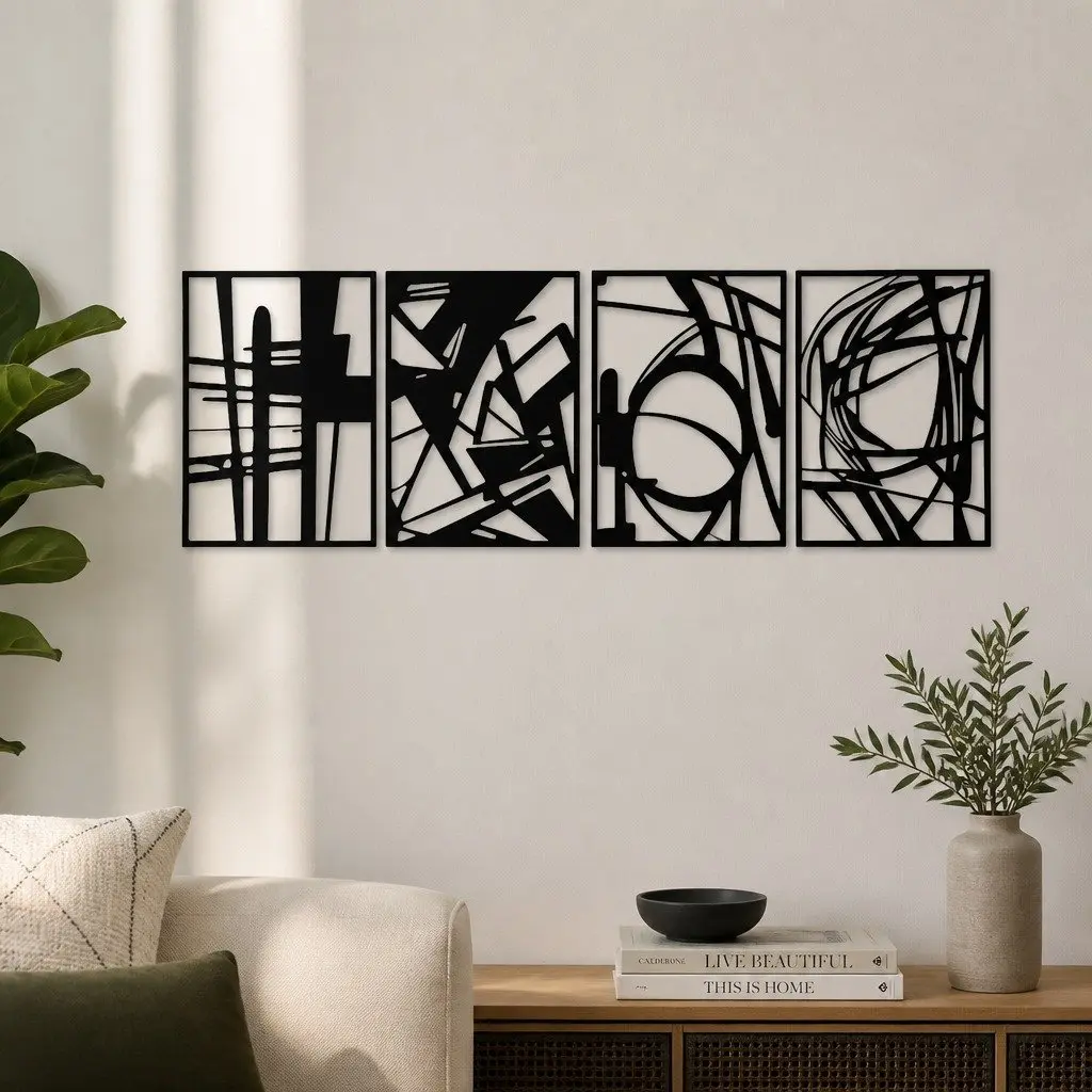 Metal Wall Art 4 Piece Set Abstract Minimalist Line Design Home Decor Black