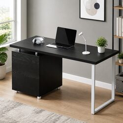 Computer Desk with 3 Drawers Black Office Workstation 140cm Wide Study Table