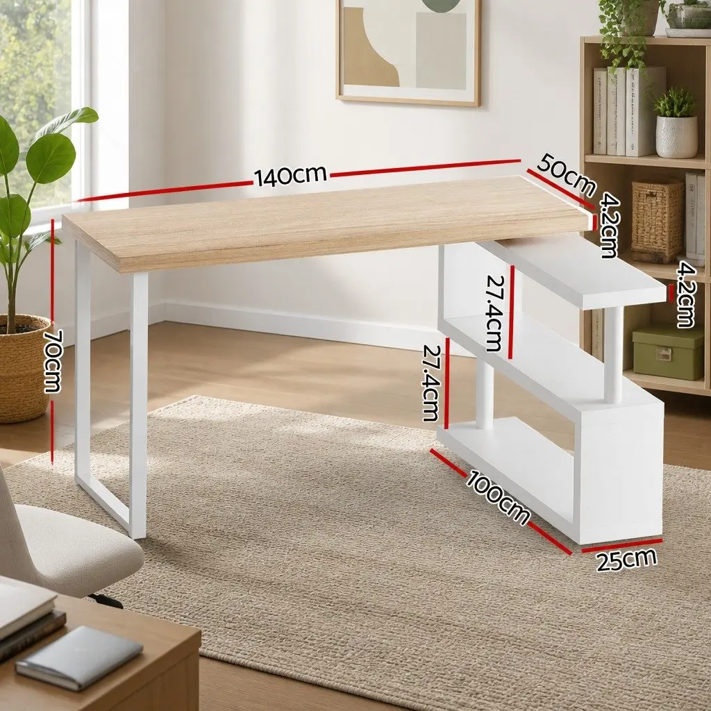 Computer Desk Melamine Veneer 50cm W x 140cm D x 74.5cm H Oak and White with 360 Degree Rotatable Bookshelf