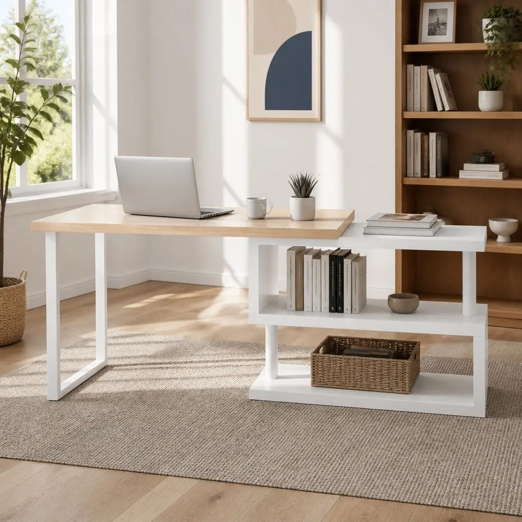 Computer Desk Melamine Veneer 50cm W x 140cm D x 74.5cm H Oak and White with 360 Degree Rotatable Bookshelf