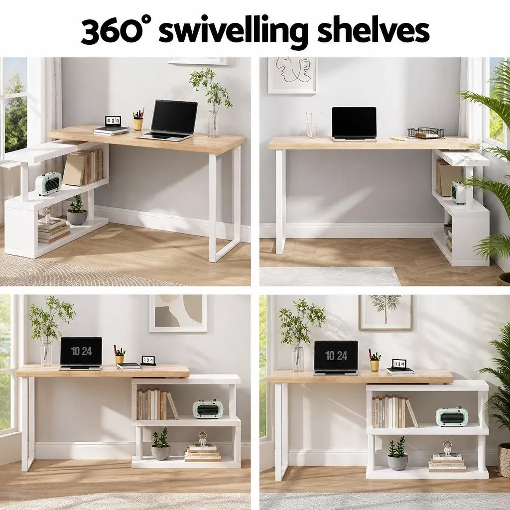 Computer Desk Melamine Veneer 50cm W x 140cm D x 74.5cm H Oak and White with 360 Degree Rotatable Bookshelf