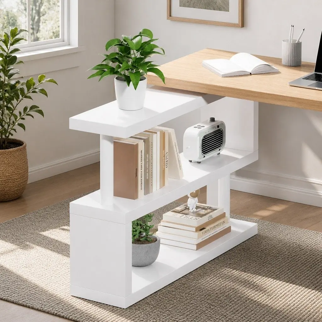 Computer Desk Melamine Veneer 50cm W x 140cm D x 74.5cm H Oak and White with 360 Degree Rotatable Bookshelf