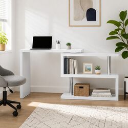 L-Shape Computer Desk with Bookshelf Rotatable Shelf Storage White Office