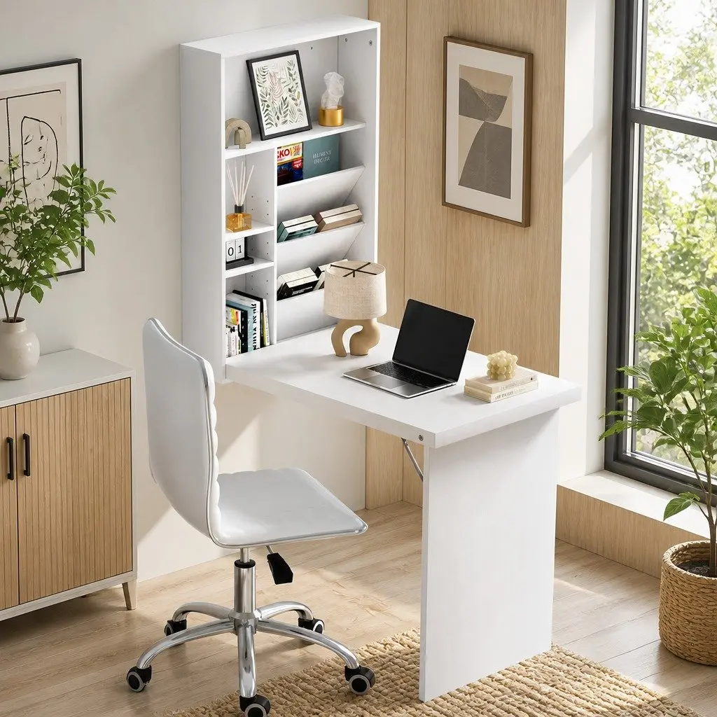 Foldable Computer Desk with Wall Mounted Storage and Adjustable Office Chair Set White