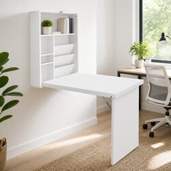 Foldable Wall Mount Computer Desk with Bookcase Storage White Fold Away Home