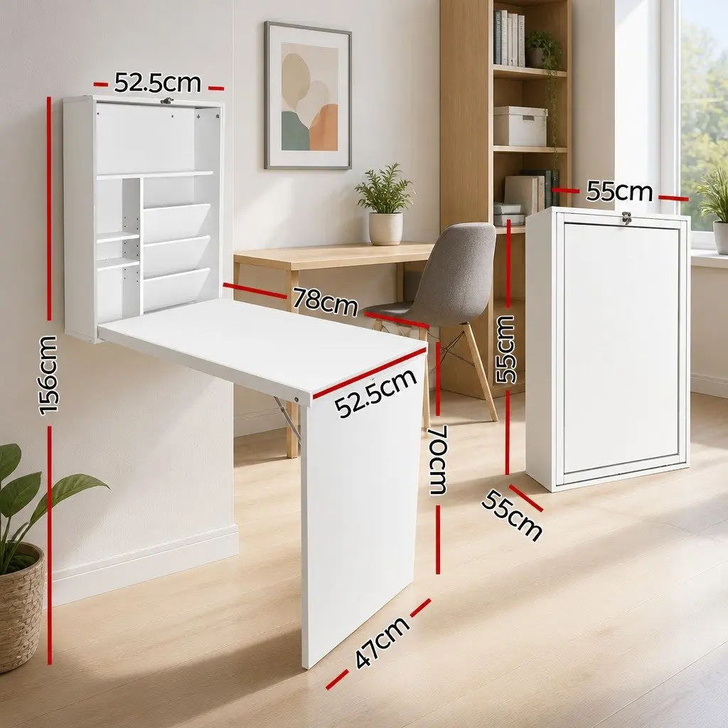 Foldable Computer Desk Wall Mount Bookcase Storage White 2-in-1 Space Saving