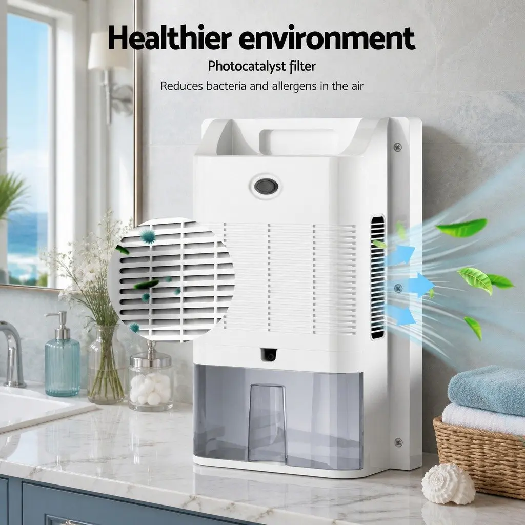 Dehumidifier and Air Purifier White 2L Capacity Quiet Operation with Remote Control and Continuous Drainage Option