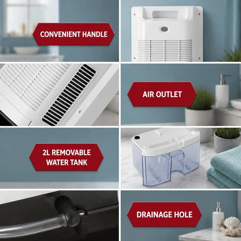 Dehumidifier and Air Purifier White 2L Capacity Quiet Operation with Remote Control and Continuous Drainage Option