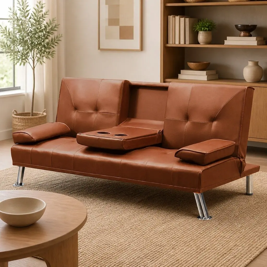 3-Seater Sofa Bed Adjustable Recliner Foldable Middle Panel Cup Holder Brown