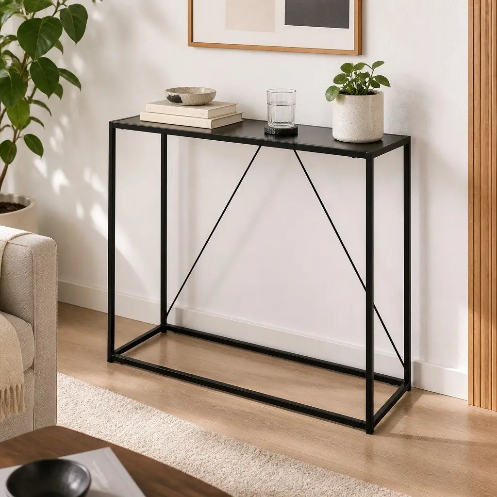 2-Tier Console Table Powder-coated Steel 90cm W x 30cm D x 80cm H Black