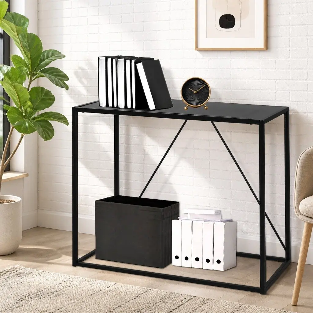 2-Tier Console Table Powder-coated Steel 90cm W x 30cm D x 80cm H Black