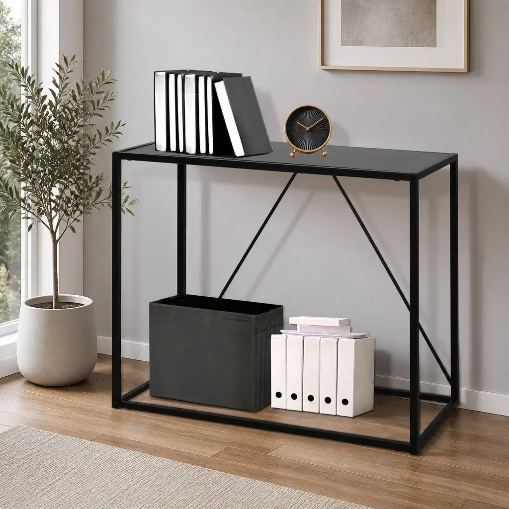 2-Tier Console Table Powder-coated Steel 90cm W x 30cm D x 80cm H Black