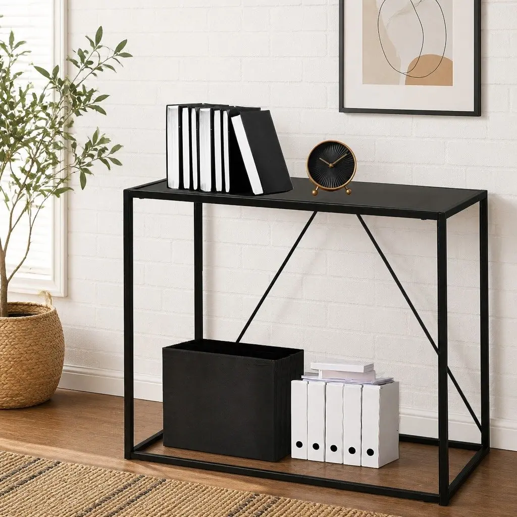 2-Tier Console Table Powder-coated Steel 90cm W x 30cm D x 80cm H Black