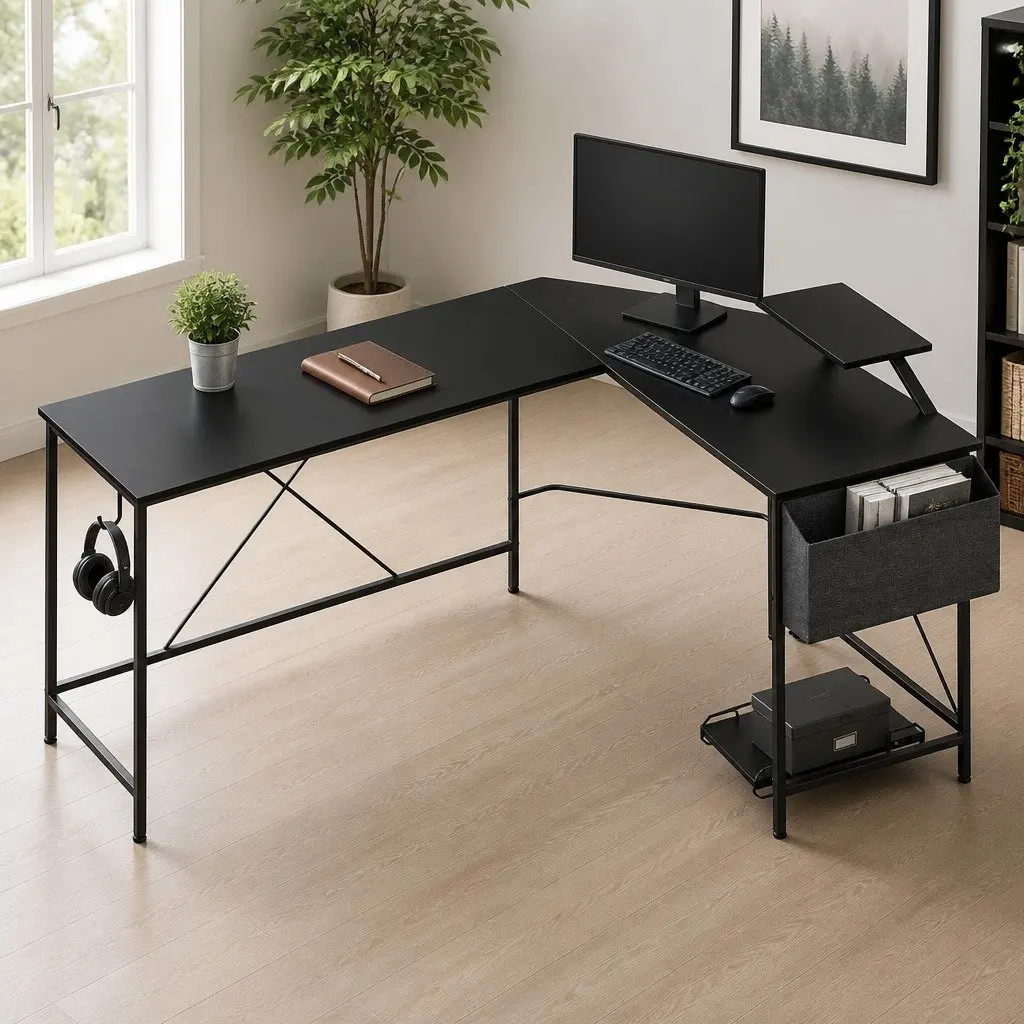 L-Shaped Corner Computer Desk Particle Board Powder-Coated Steel 169cm x 120cm x 74cm Black