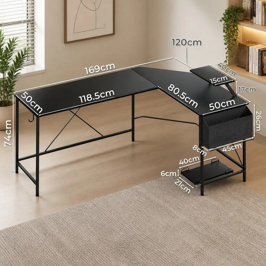L-Shaped Corner Computer Desk Particle Board Powder-Coated Steel 169cm x 120cm x 74cm Black