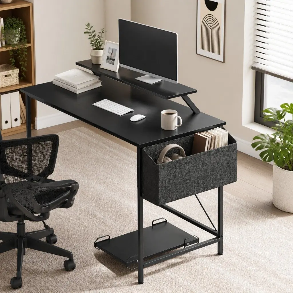 L-Shaped Corner Computer Desk Particle Board Powder-Coated Steel 169cm x 120cm x 74cm Black