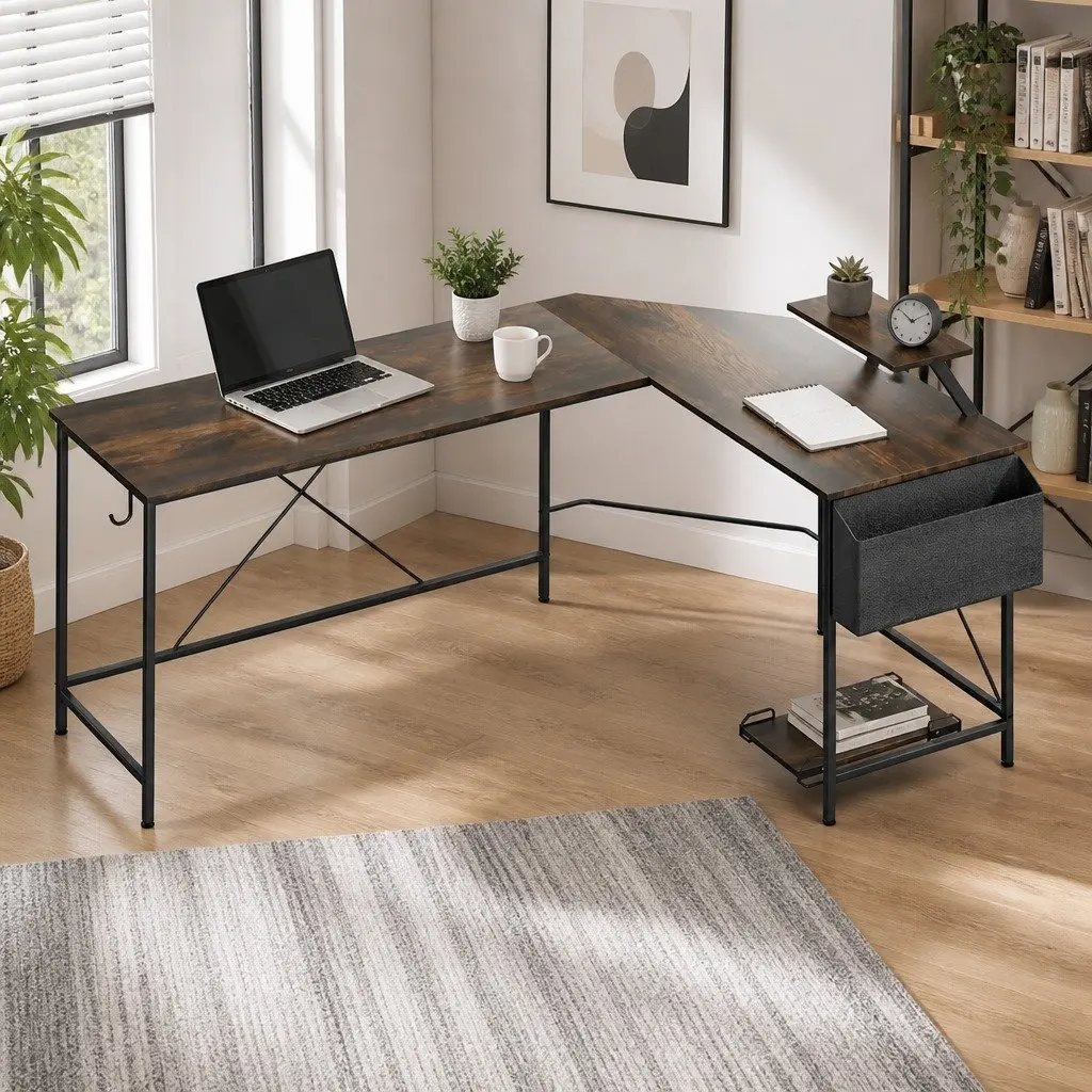 L-Shaped Corner Computer Desk Particle Board Brown 169cm x 120cm with Monitor Stand and CPU Storage