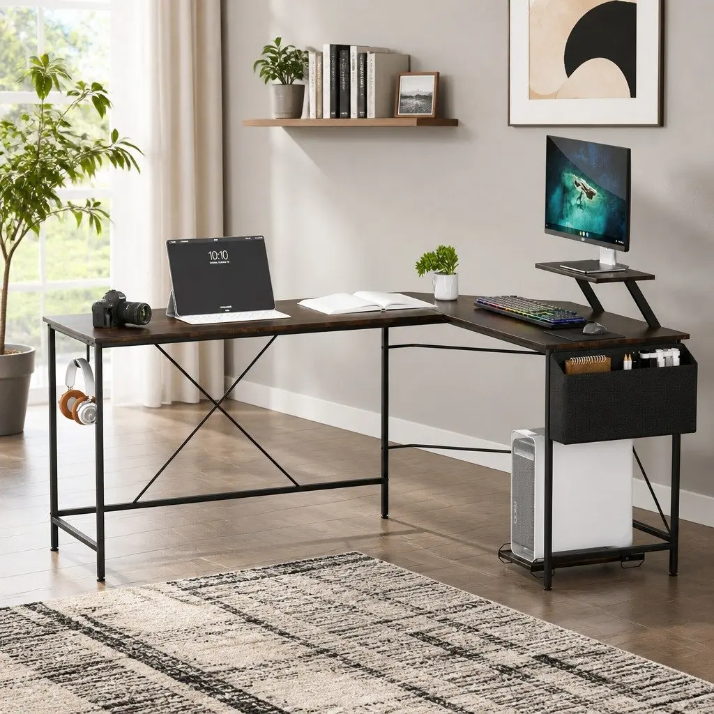 L-Shaped Corner Computer Desk Particle Board Brown 169cm x 120cm with Monitor Stand and CPU Storage