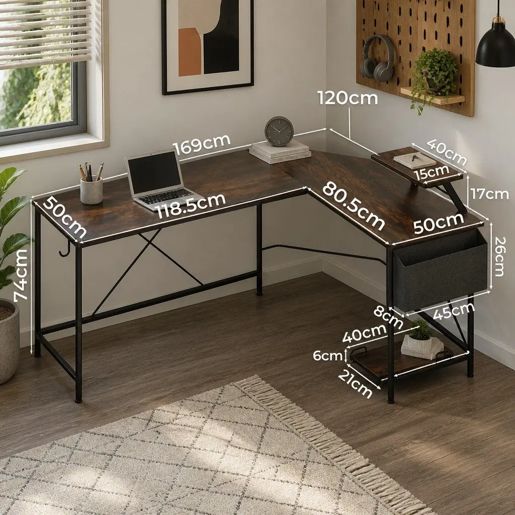 L-Shaped Corner Computer Desk Particle Board Brown 169cm x 120cm with Monitor Stand and CPU Storage