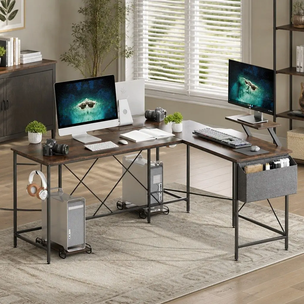 L-Shaped Corner Computer Desk Particle Board Brown 169cm x 120cm with Monitor Stand and CPU Storage