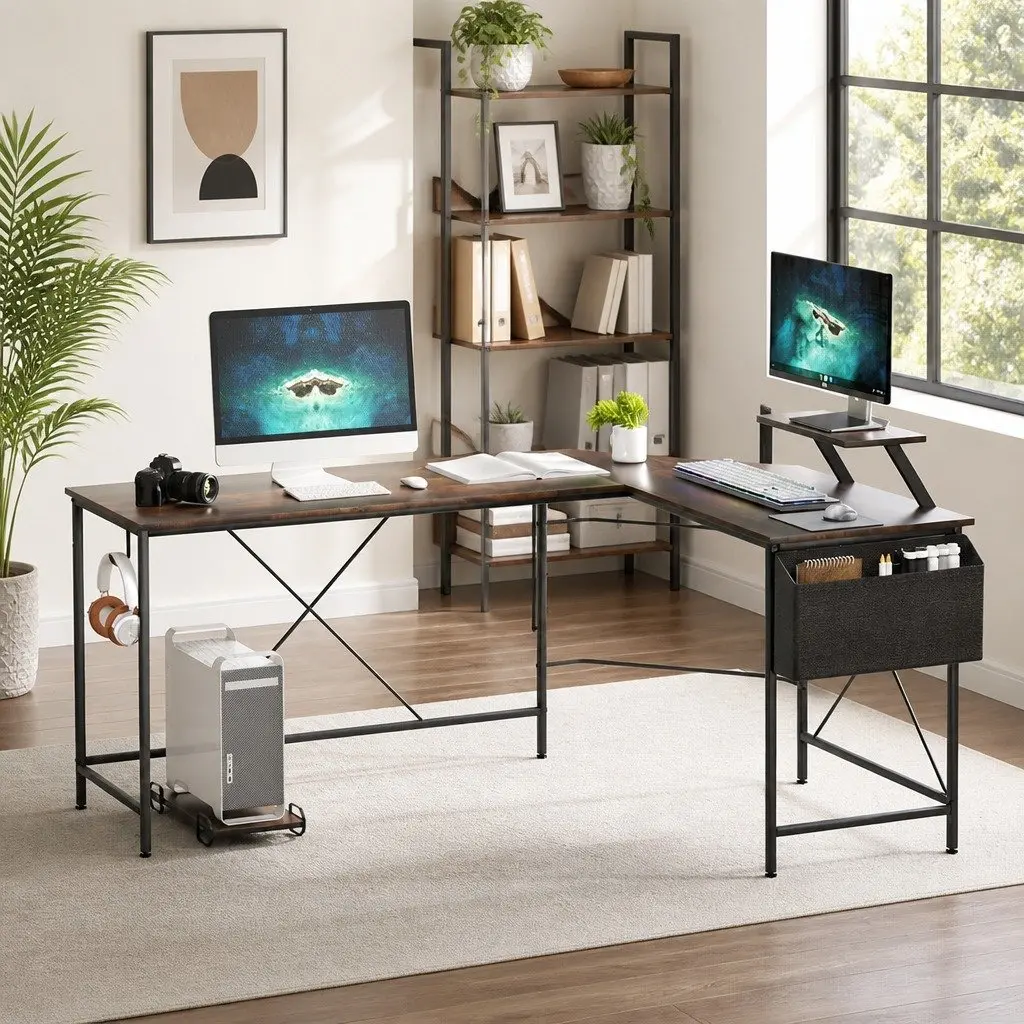 L-Shaped Corner Computer Desk Particle Board Brown 169cm x 120cm with Monitor Stand and CPU Storage