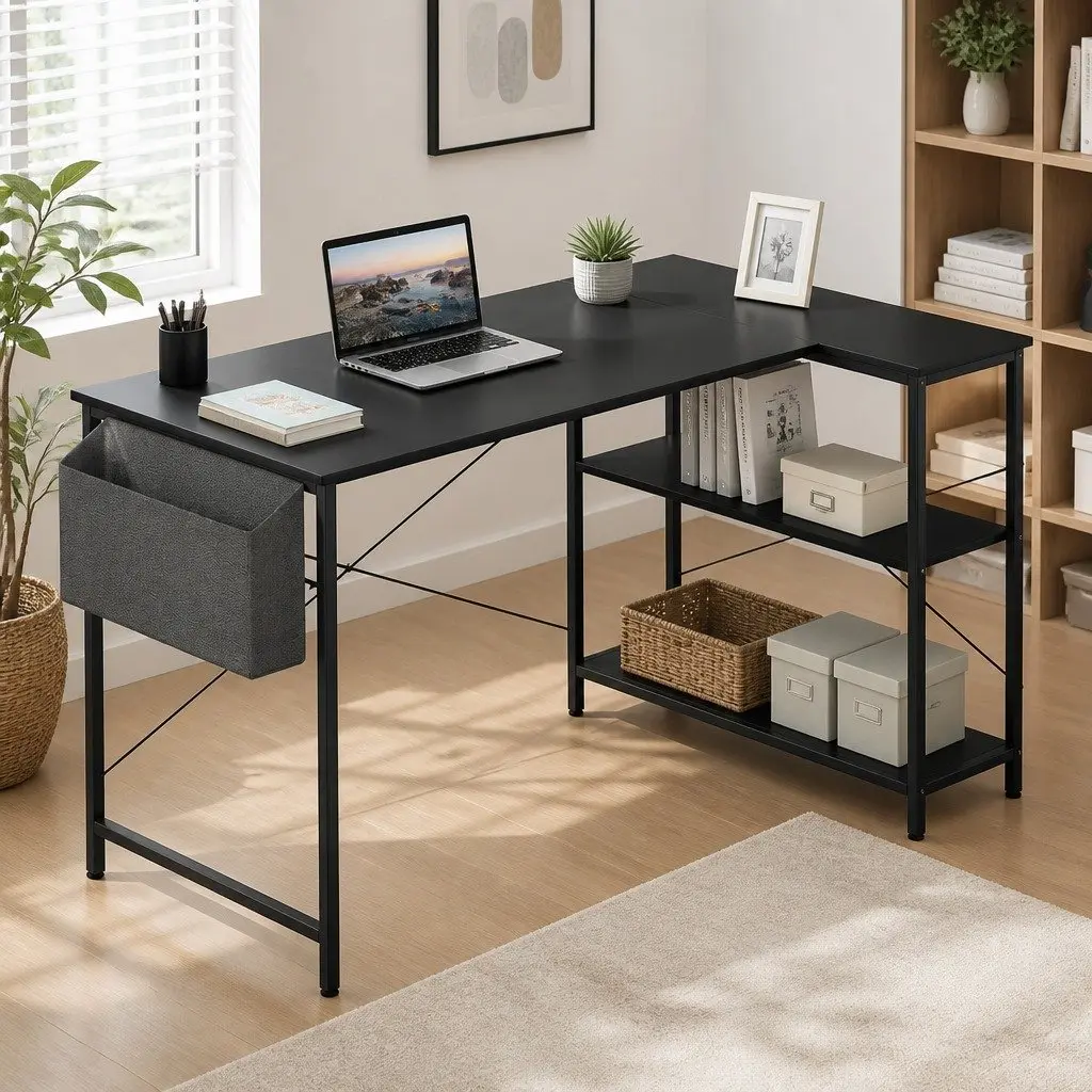 L Shaped Corner Desk MDF Black Adjustable Legs Three Layer Storage Rack