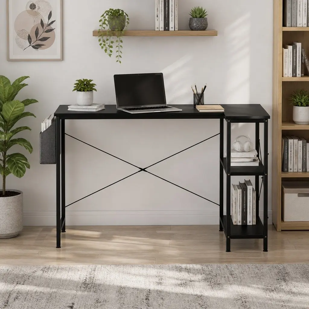 L Shaped Corner Desk MDF Black Adjustable Legs Three Layer Storage Rack