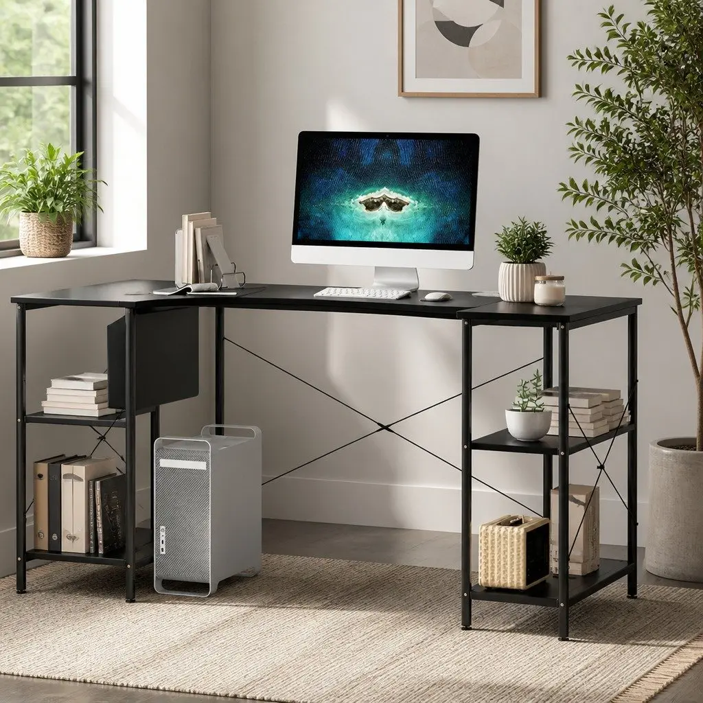 L Shaped Corner Desk MDF Black Adjustable Legs Three Layer Storage Rack