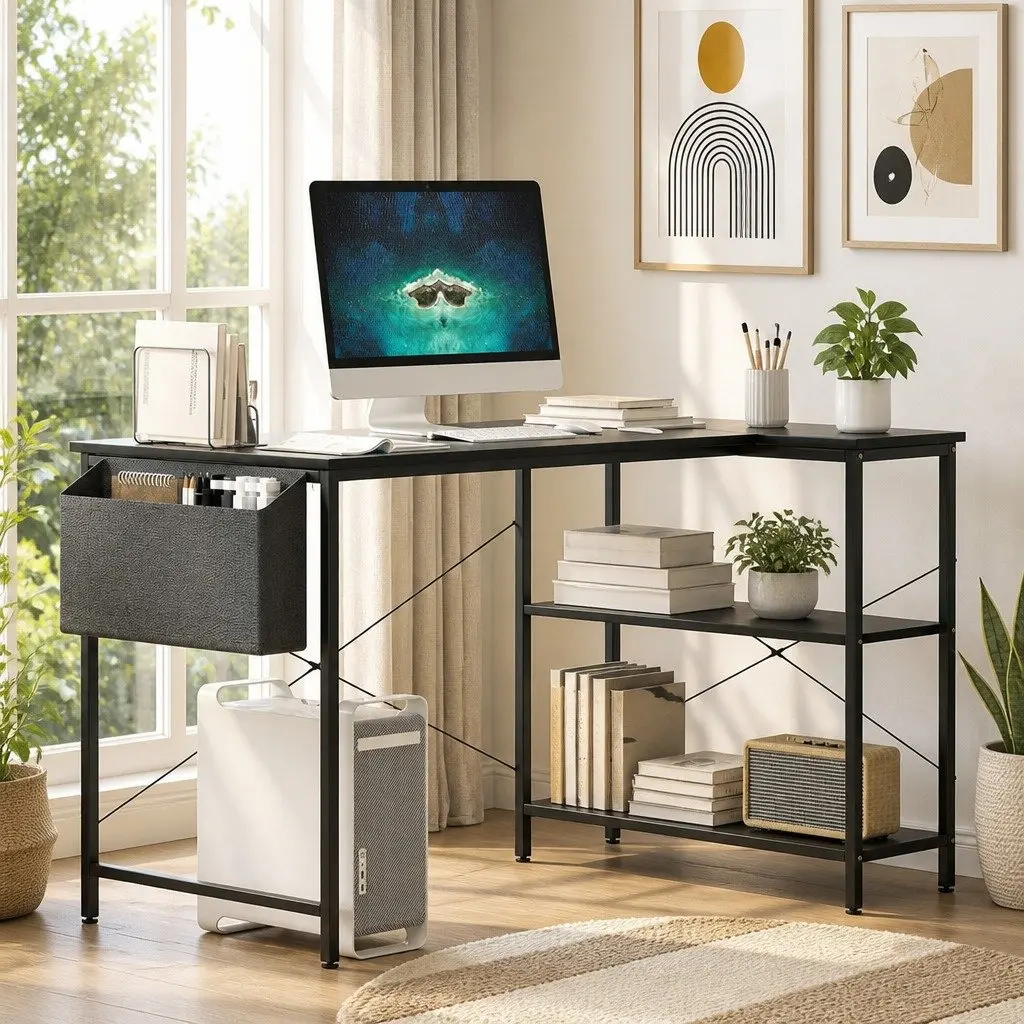 L Shaped Corner Desk MDF Black Adjustable Legs Three Layer Storage Rack
