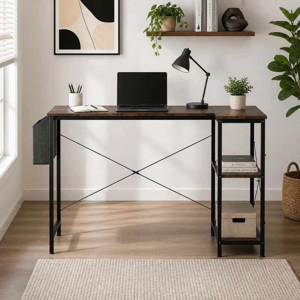 L Shaped Corner Desk Industrial Style MDF Steel 100cm x 80cm Brown