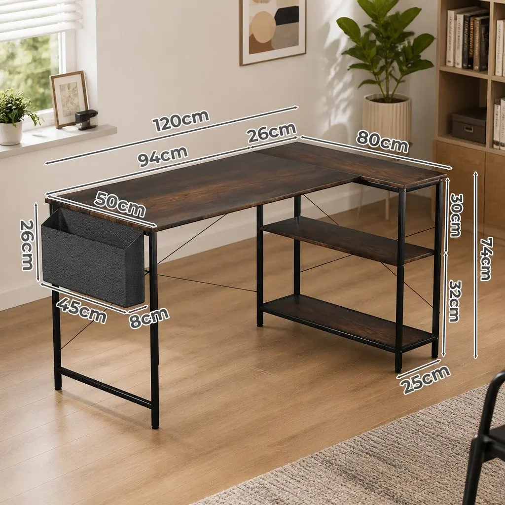 L Shaped Corner Desk MDF Brown 120cm x 80cm x 75cm Reversible with Adjustable Legs and Three-Layer Storage Rack for Home Office