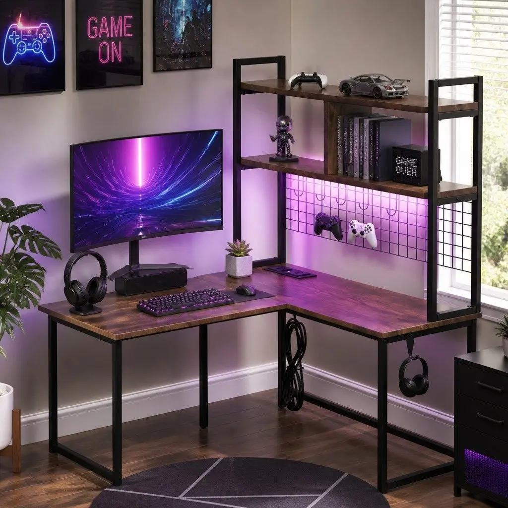 L Shaped Gaming Desk RGB LED Lights Industrial Style Computer Workstation Brown