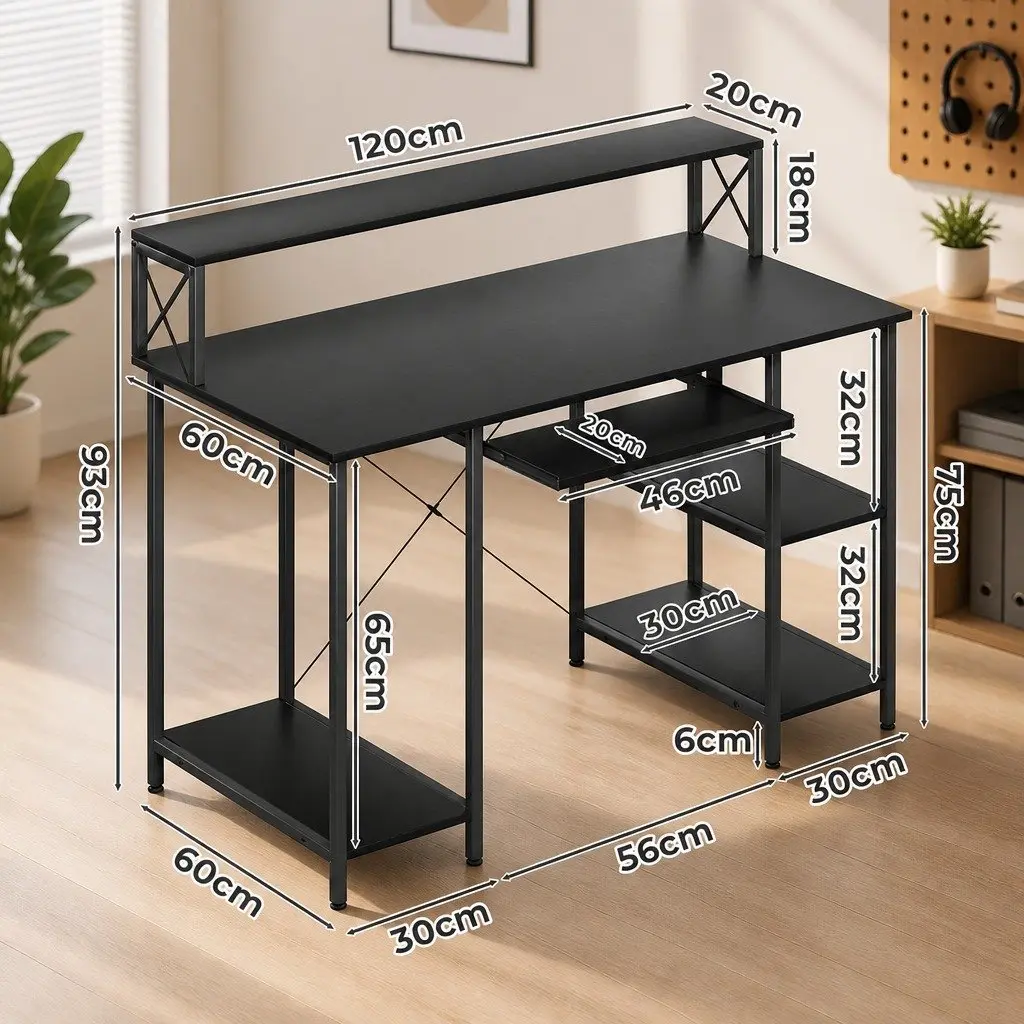 Office Desk Black Industrial Style Adjustable Height with Pullout Keyboard Tray and Two Layer Shelving