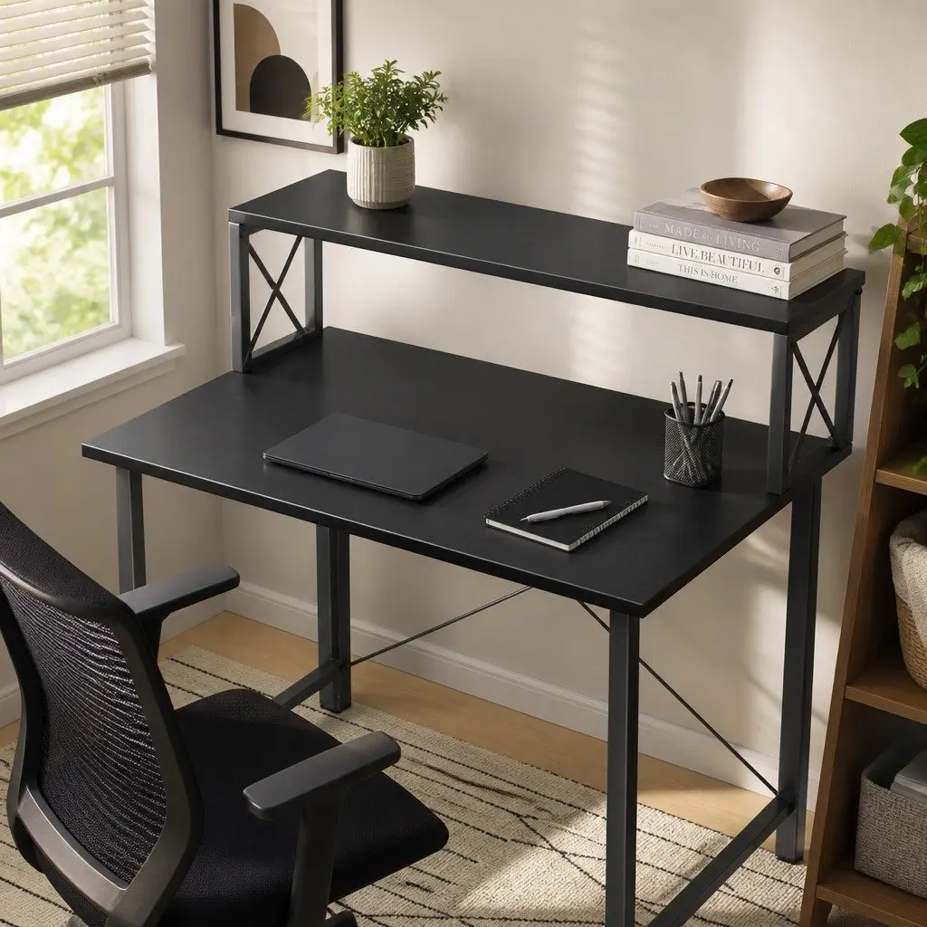 Office Desk Black Industrial Style Adjustable Height with Pullout Keyboard Tray and Two Layer Shelving