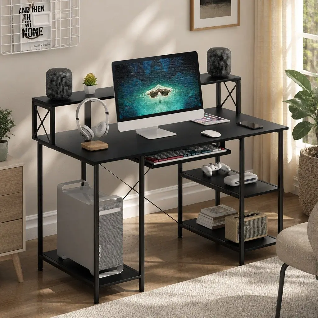 Office Desk Black Industrial Style Adjustable Height with Pullout Keyboard Tray and Two Layer Shelving