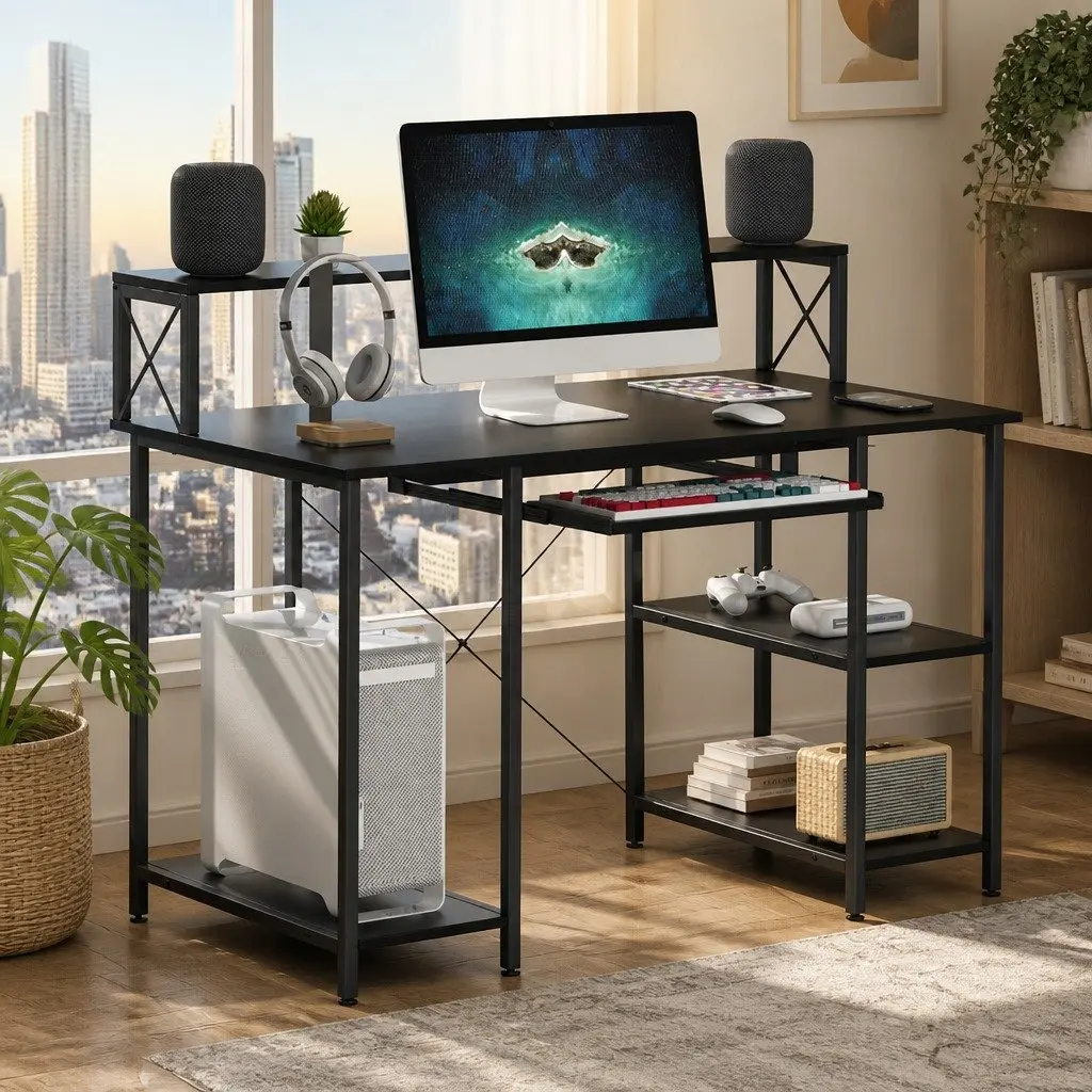 Office Desk Black Industrial Style Adjustable Height with Pullout Keyboard Tray and Two Layer Shelving