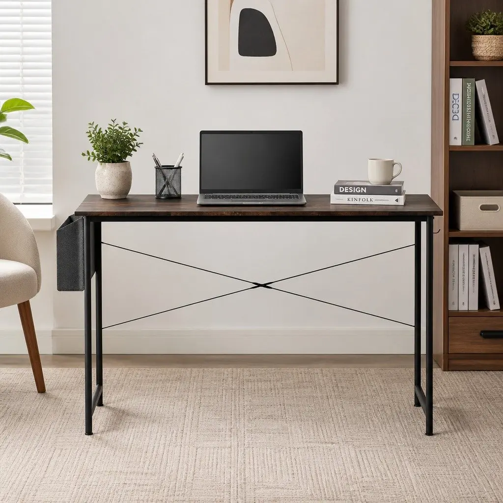 Computer Desk MDF Brown 100cm Metal Frame Study Table Workstation Home Office Gaming