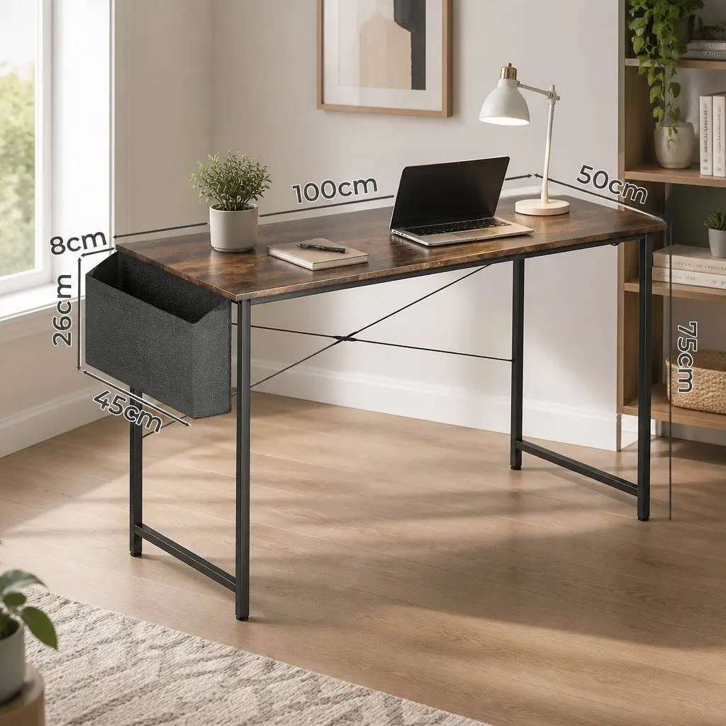 Computer Desk MDF Brown 100cm Metal Frame Study Table Workstation Home Office Gaming