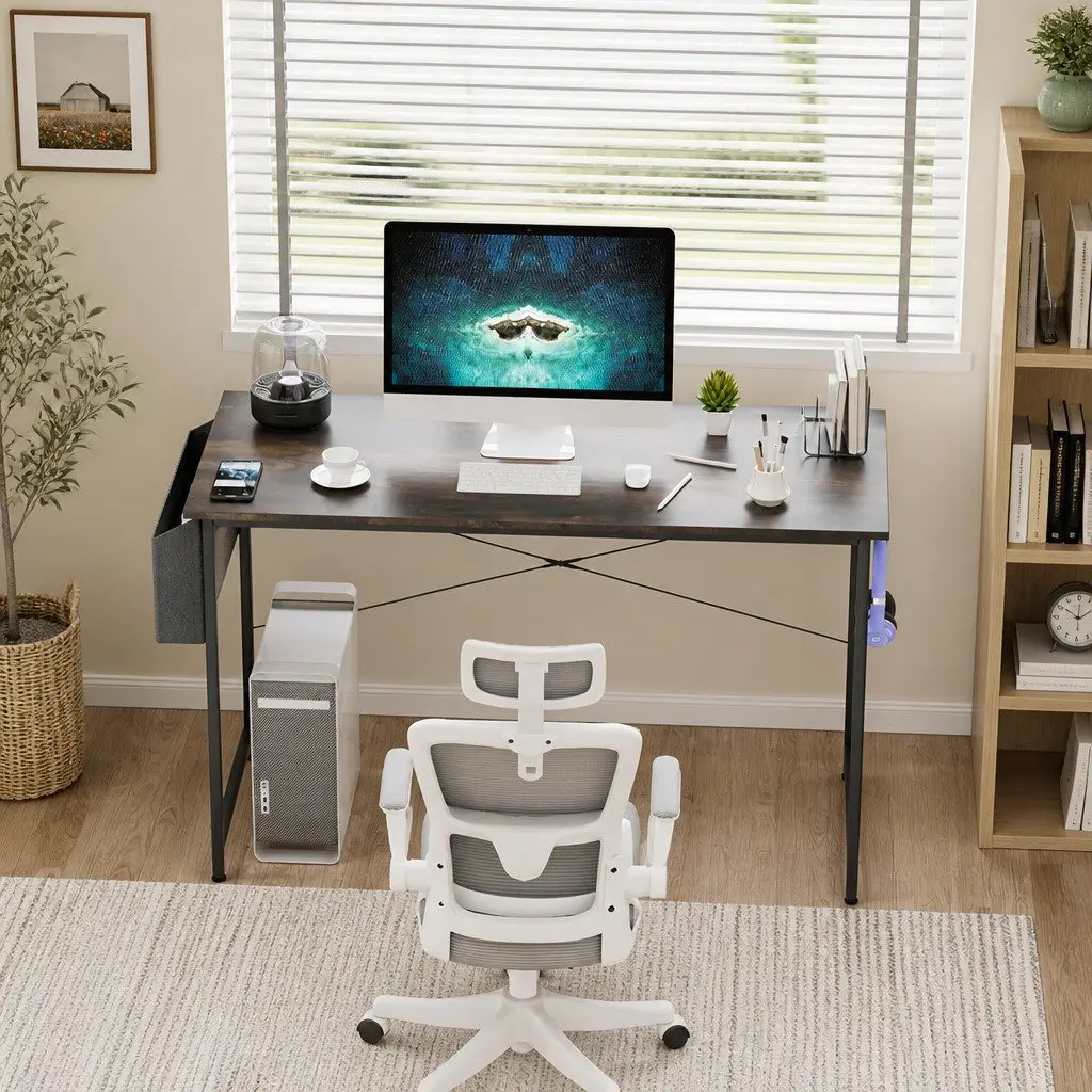 Computer Desk MDF Brown 100cm Metal Frame Study Table Workstation Home Office Gaming
