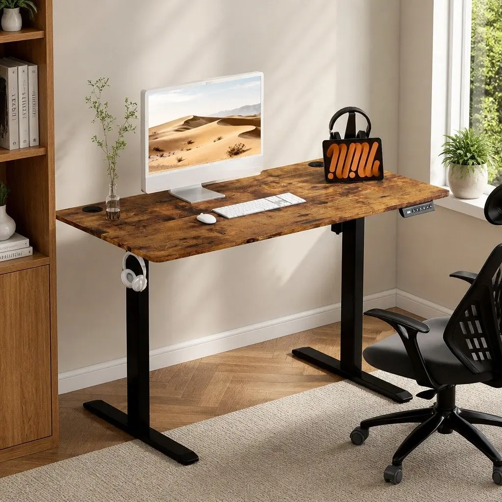 Height Adjustable Electric Desk Motorised Dual-Panel Vintage Oak 120cm Sit Stand Office