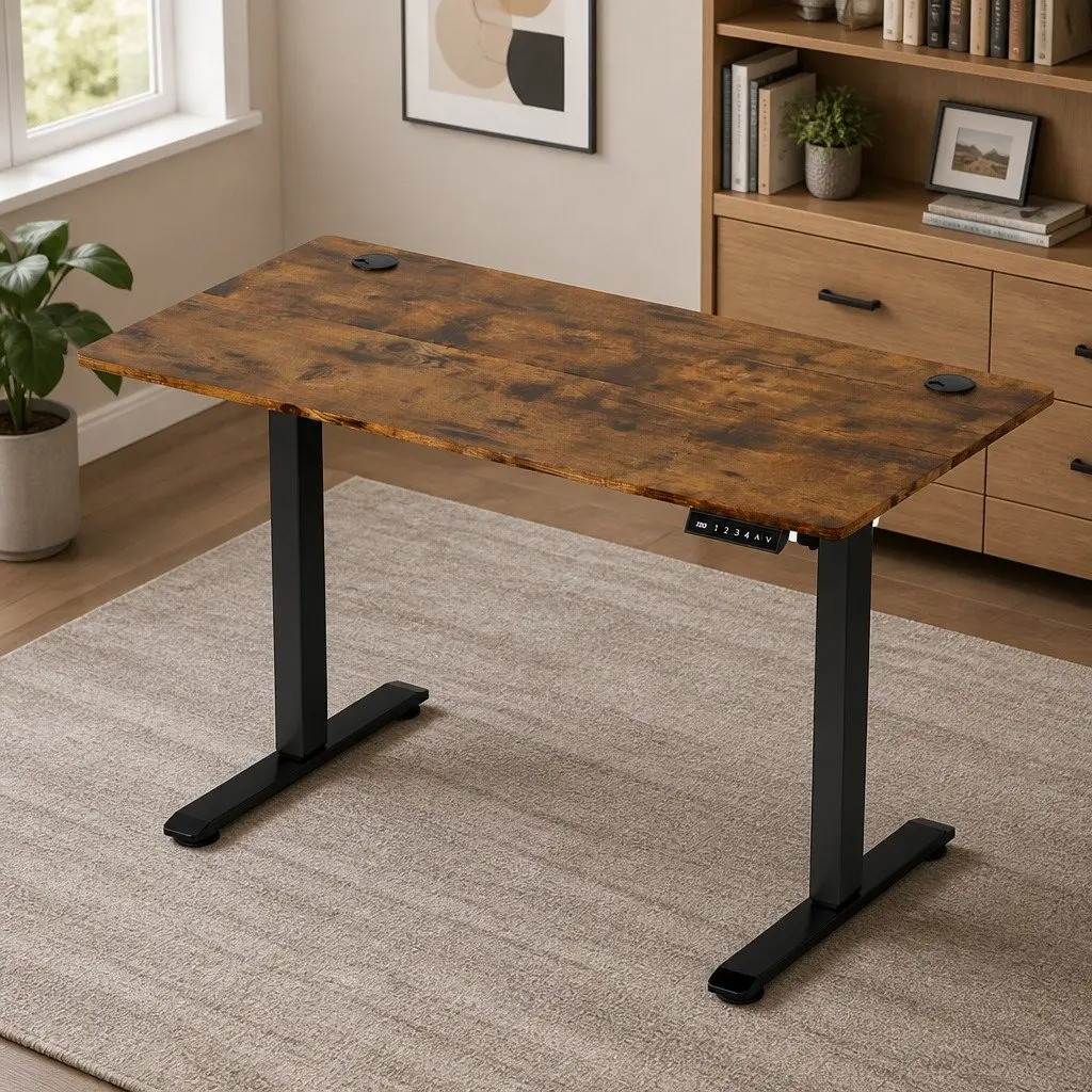 Height Adjustable Electric Desk Motorised Dual-Panel Vintage Oak 120cm Sit Stand Office