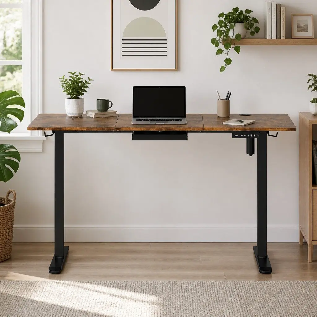 Height Adjustable Electric Desk Vintage Oak 140cm Sit Stand Computer Workstation with Steel Frame and Digital Controller