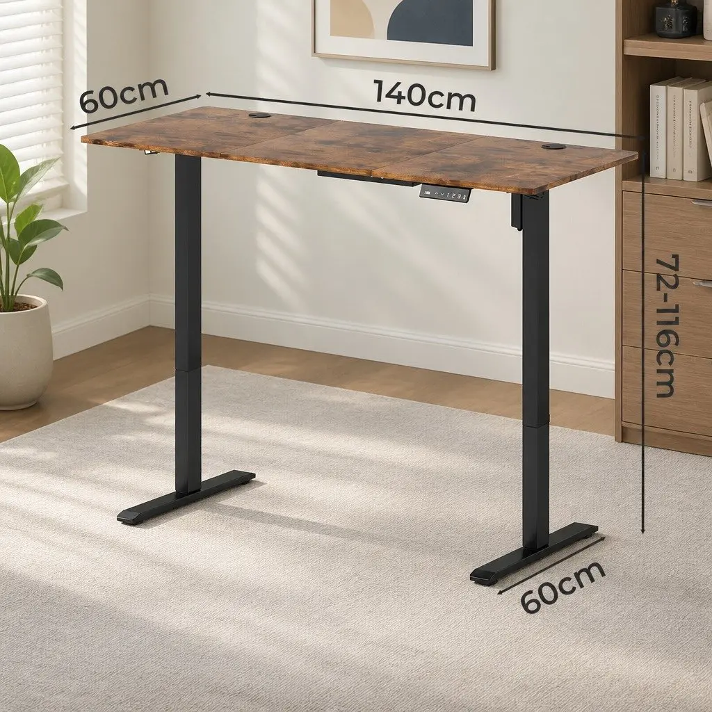 Height Adjustable Electric Desk Vintage Oak 140cm Sit Stand Computer Workstation with Steel Frame and Digital Controller