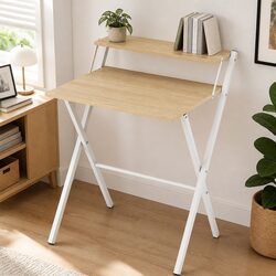 Foldable Computer Desk Office Study Desk with Monitor Shelf Oak White Portable