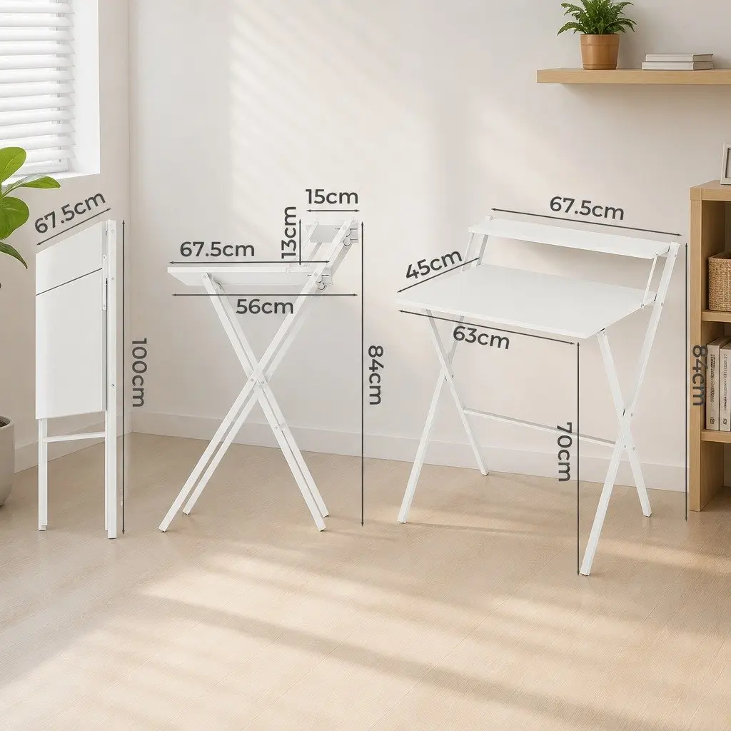 Foldable Computer Desk Home Office Study Table Monitor Shelf Space Saving White