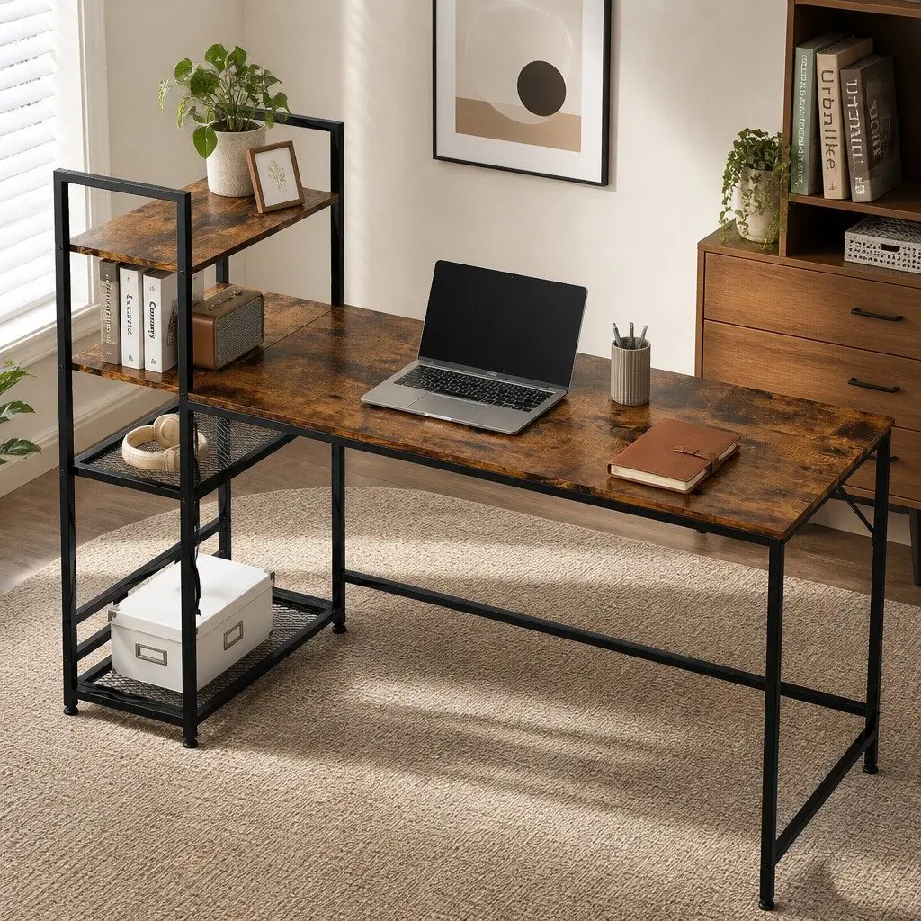 Computer Desk Study Table 4-Tier Storage Shelves Home Office Workstation 160cm