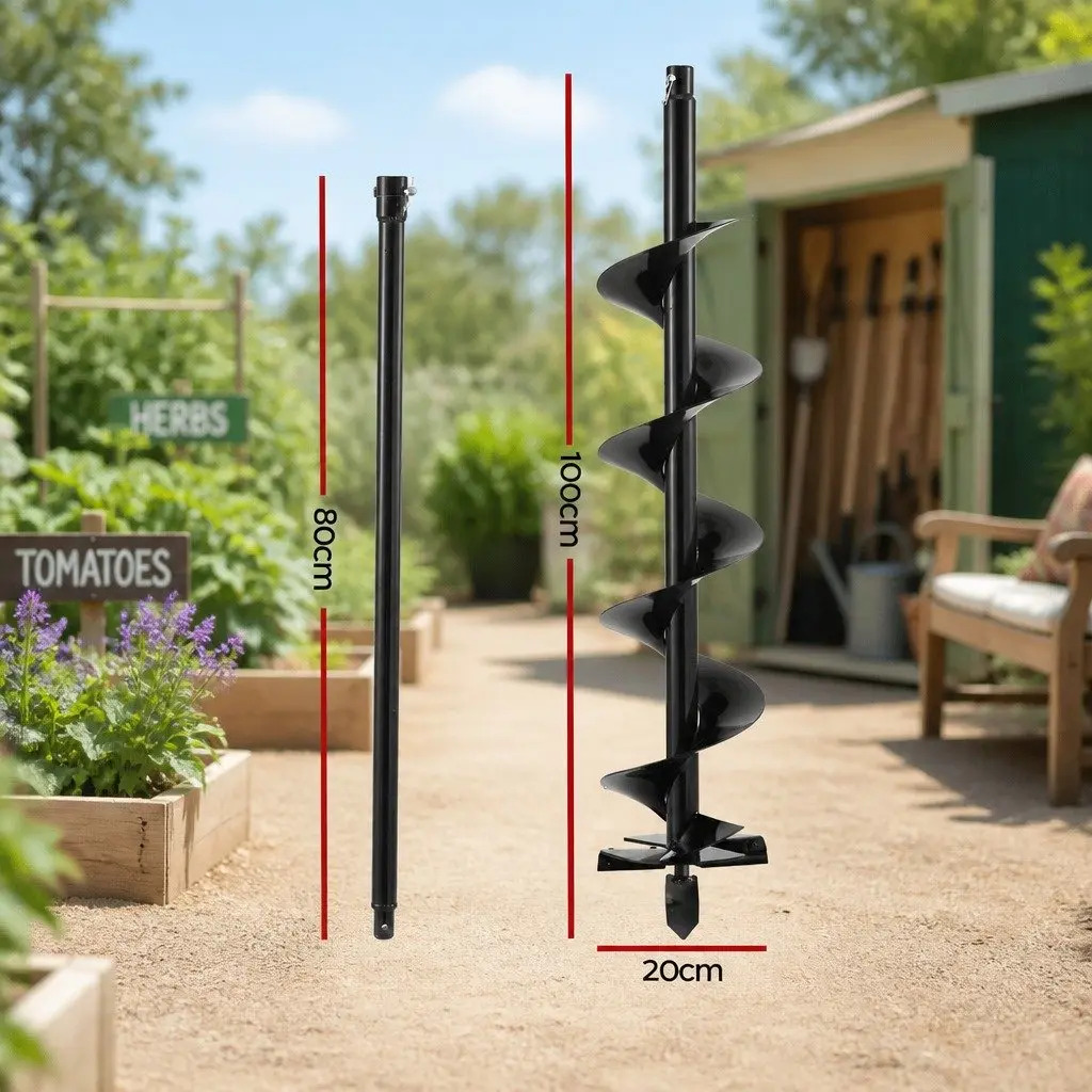 Post Hole Digger Auger Drill Bit Carbon Steel 200mm Diameter 80cm Extension Shaft Black