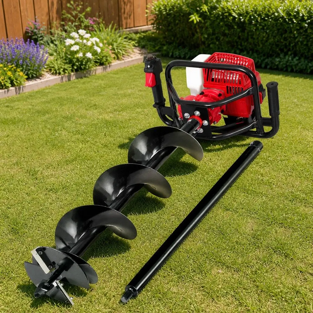 Post Hole Digger Petrol 63cc 200mm Auger Heavy Duty Steel Red Black