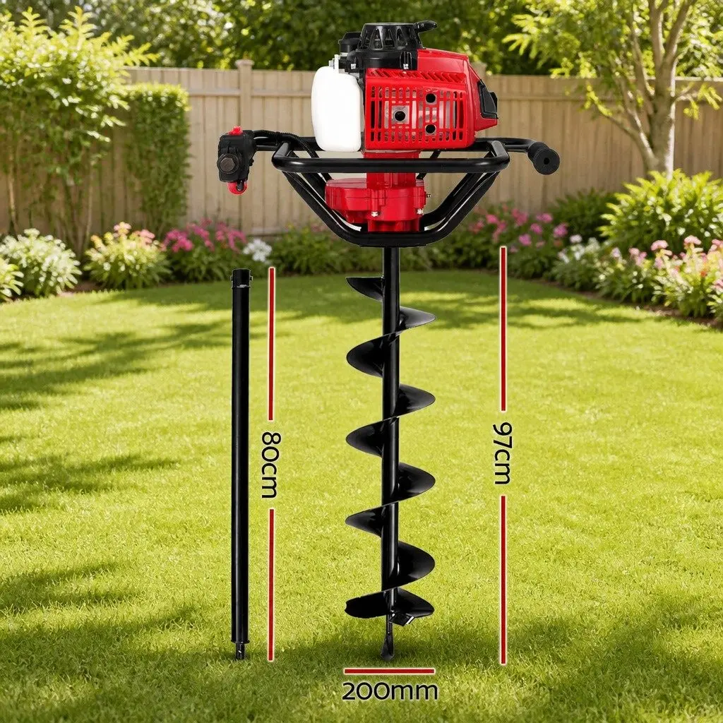 Post Hole Digger Petrol 63cc 200mm Auger Heavy Duty Steel Red Black